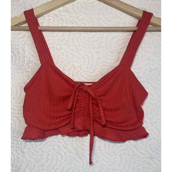 Billabong Red Mimi Bralette soft rib knit Ruffle tie detail Crop Top Size Medium - Picture 10 of 14